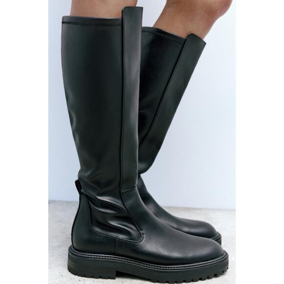 NWOT ZARA Treaded Knee High Boots Leather Chunky Lug Sole Flat Boot, Black - Picture 4 of 13